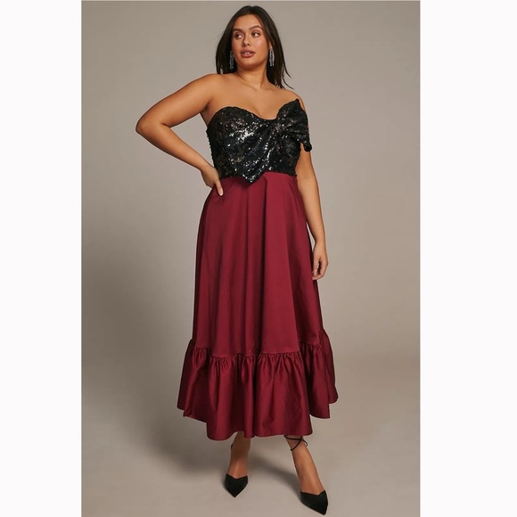 Anthropologie Hutch Bow-Tie Tiered Maxi Dress Burgundy & Black sequin Sz 8 - Picture 1 of 9